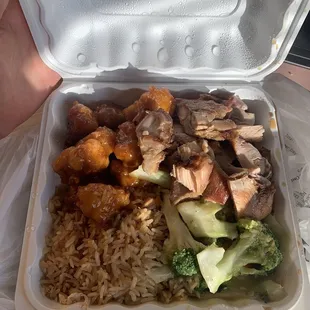 2 meats (orange chicken and bourbon chicken) with one side (half rice half veggie)- $8.99