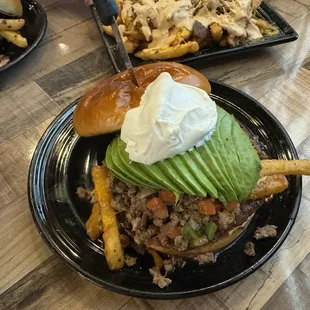 Carne Asada Burger and Chicken Adobada Fries