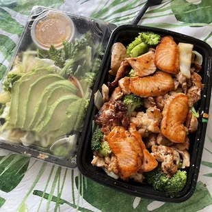 Avacado salad, Salmon and Chicken teriyaki with vegetables and broccoli