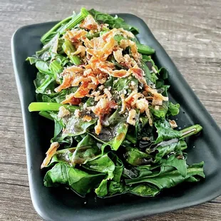 Seasonal blanched greens with special soy glaze, shallot oil and crispy fried shallots