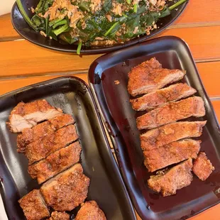 Pork chops, B4. Blanched Greens w/ Shallot