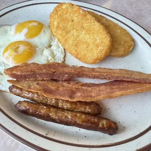 Two Eggs, Sausage Links and  Bacon Strips