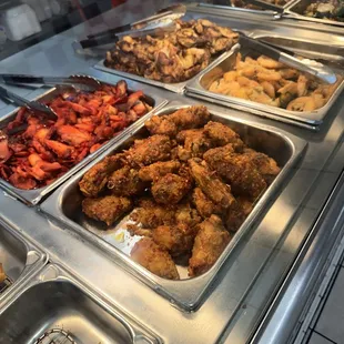 Fried chicken, bbq pork, chicken teriyaki, and fried shrimp