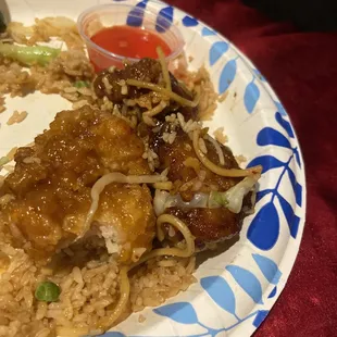 a plate of food with rice and meat