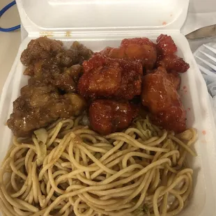 Orange chicken/ sweet sour chicken and chow mein