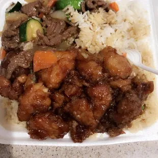 Sesame chicken , broccoli beef &amp; rice