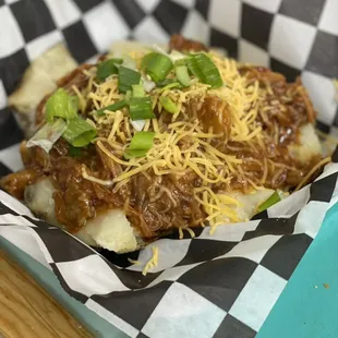 a chili and cheese sandwich