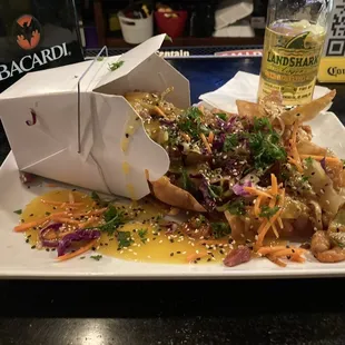 Candied bacon and shrimp nachos