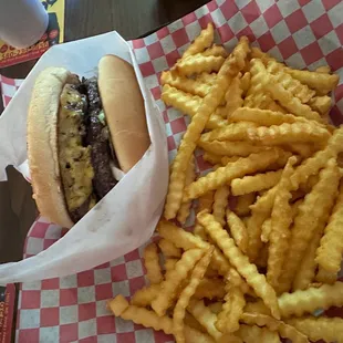 Double Meat Cheeseburger with fries.