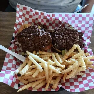 Double chili burger, open-faced.