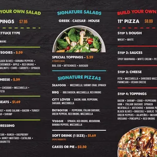 Build your own pizza and salad menu