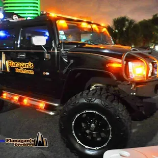 a jeep with lights on