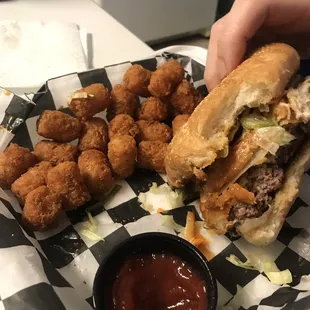 Flanagan's famous burger and tots