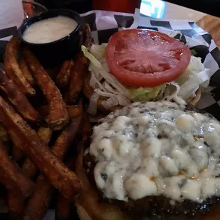 Black and Bleu burger with sweet potato fries