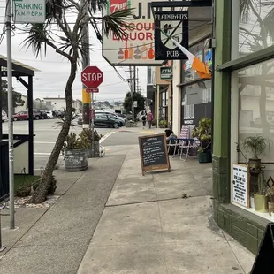 a sidewalk in a small town