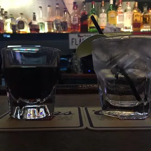 Shot of fernet Francisco and a vodka soda