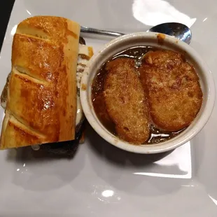 Meatloaf sandwich with french onion soup