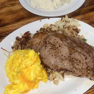 Steak and eggs and biscuits and gravy