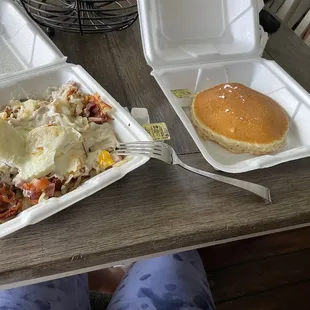 Hungry man skillet with pancakes