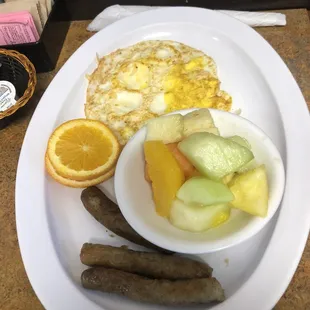 Eggs &amp; sausage with fruit side