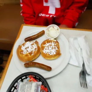 Silver dollar waffles with sausage links
