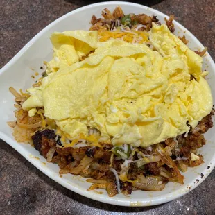 an egg and hash browns dish