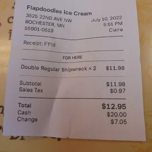 Final tab - ice cream for 2 people.