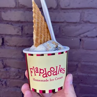 Flapadoodle with banana peanut butter chip ice cream