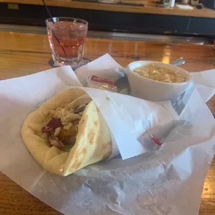 Fish taco but really fish gyro, tasted like a falafel gyro, very delicious and filling. Gumbo was delish
