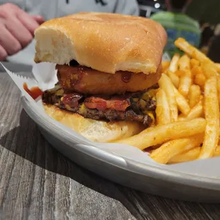 a plate of fries and a sandwich