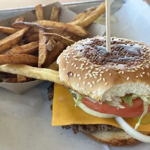 Standard Cheeseburger, homemade fries.