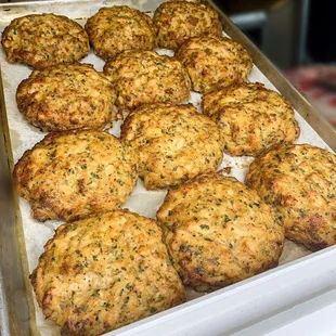 a tray of crab cakes