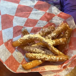 Funnel fries with chocolate sauce