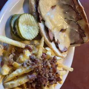Ham and Swiss with cheesy bacon fries