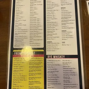 Liquor menu