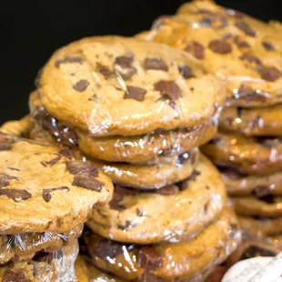 a stack of chocolate chip cookies