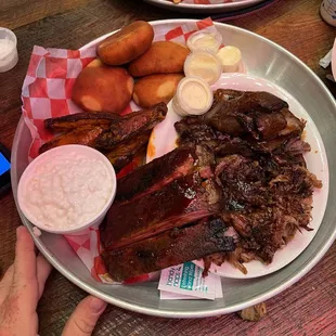 Ribs, brisket, Wings and pulled pork with deep fried biscuits
