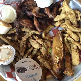 Potato skins, fired green beans, onion rings &amp; smoked wings