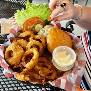 Onion rings and chicken sandwich