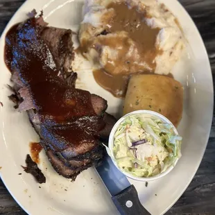 Sliced Brisket Plate with mashed potatoes &amp; Homemade Coleslaw