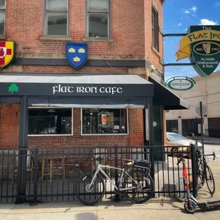 a bicycle parked in front of it