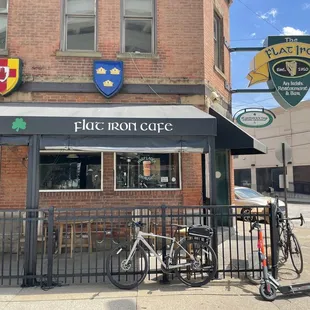 a bicycle parked in front of it