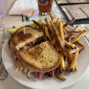 Reuben sandwich with local microbrew