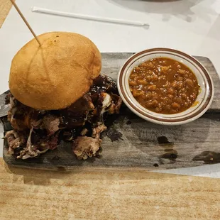 Brisket sandwich,baked beans.