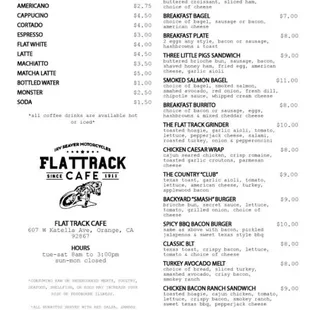 the menu for the flat track cafe