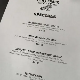 the menu for specials