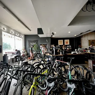 Bike shop is connected to the coffee shop.