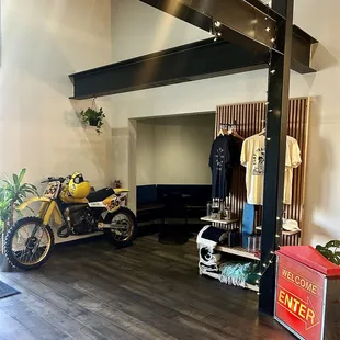 a motorcycle in a coffeehouse