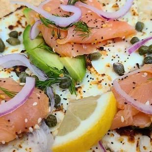 Smoked Salmon Flatbread add Avocado AMAZING! $15
