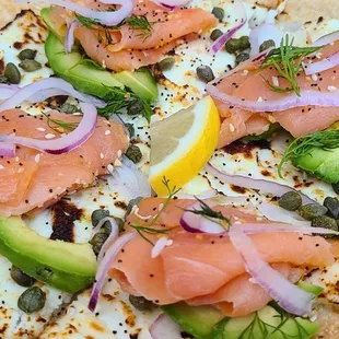 Smoked Salmon Flatbread add Avocado AMAZING! $15